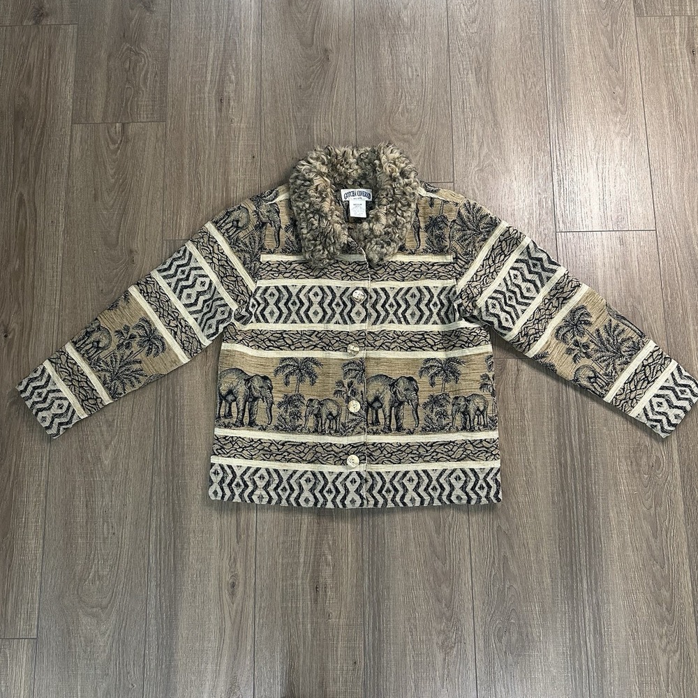 Vintage Gotcha Covered Women M Beige Jacket Elephant Tapestry Faux-Fur‎ Collar